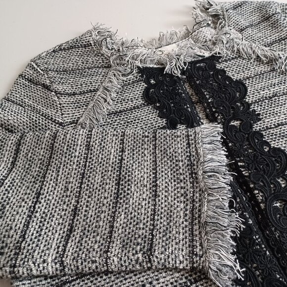 Chico’s Grey Black Lace Fringes Open Front Sweater - Picture 3 of 16